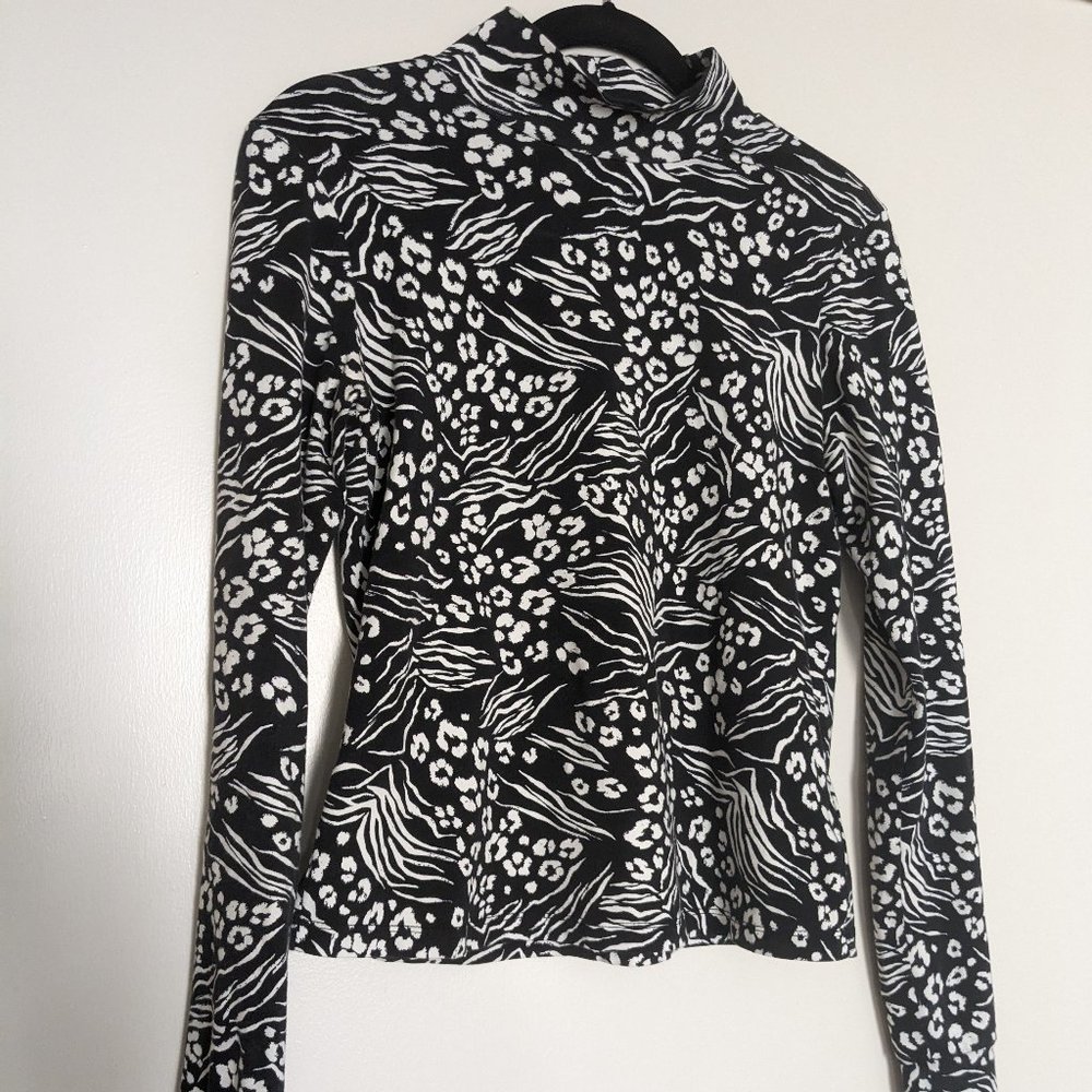 Black and White Animal Print Mock Neck Long Sleeve Top Anthropolgie (Size: S)